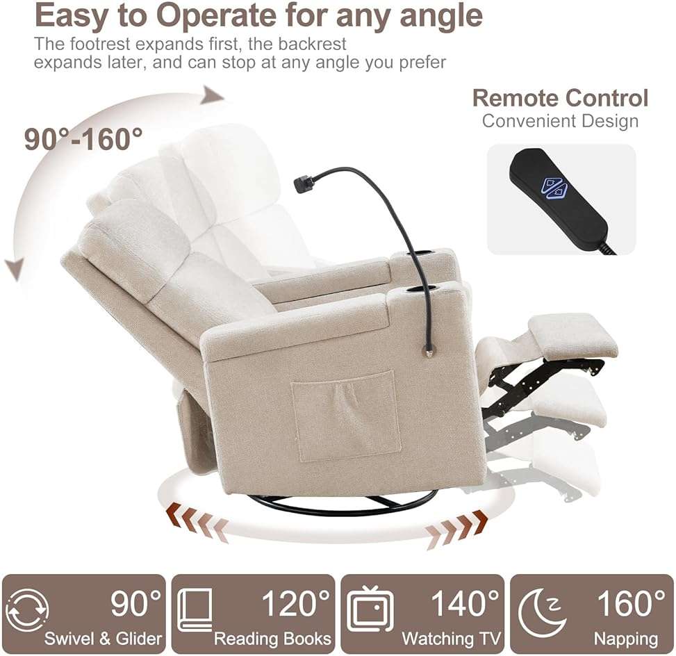 ABCASA Power Recliner Rocking Chair Nursery Glider, Swivel Reclining Nursery Rockers for Baby Room & Living Room, Chenille Chair with Phone Holder, USB/Type-C Ports, Arm Storage, Light Brown - Image 4