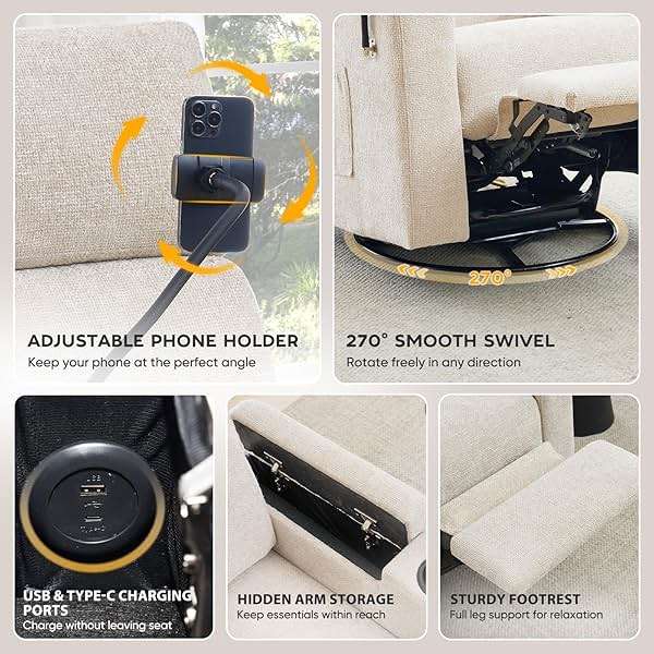 ABCASA Power Recliner Rocking Chair Nursery Glider, Swivel Reclining Nursery Rockers for Baby Room & Living Room, Chenille Chair with Phone Holder, USB/Type-C Ports, Arm Storage, Light Brown - Image 5