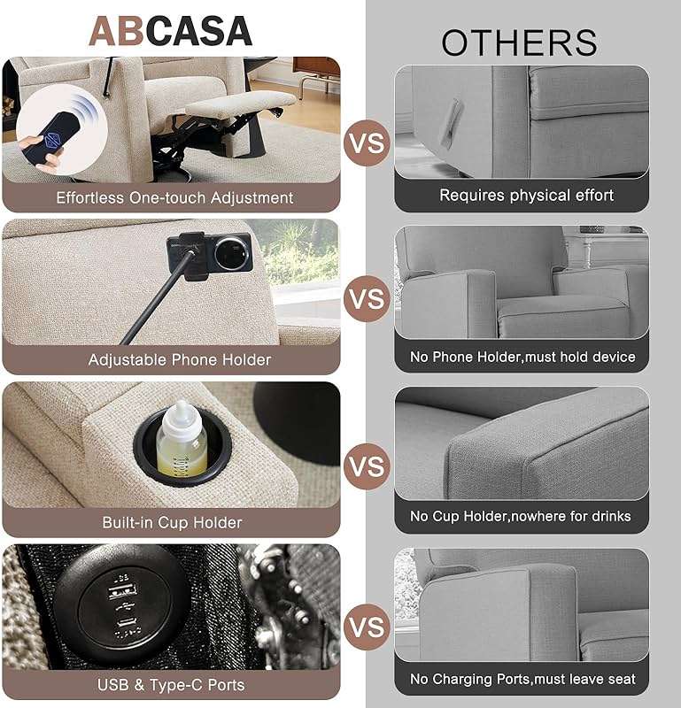 ABCASA Power Recliner Rocking Chair Nursery Glider, Swivel Reclining Nursery Rockers for Baby Room & Living Room, Chenille Chair with Phone Holder, USB/Type-C Ports, Arm Storage, Light Brown - Image 6