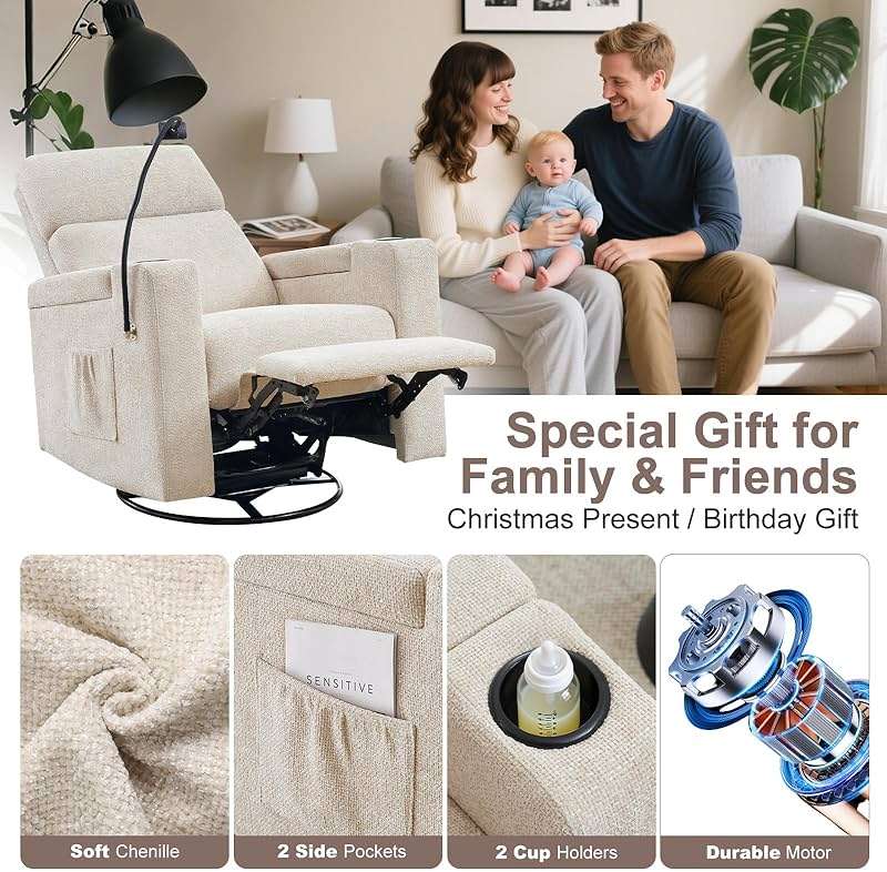 ABCASA Power Recliner Rocking Chair Nursery Glider, Swivel Reclining Nursery Rockers for Baby Room & Living Room, Chenille Chair with Phone Holder, USB/Type-C Ports, Arm Storage, Light Brown - Image 7