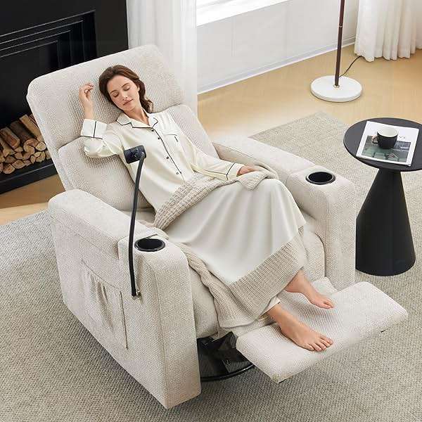 ABCASA Power Recliner Rocking Chair Nursery Glider, Swivel Reclining Nursery Rockers for Baby Room & Living Room, Chenille Chair with Phone Holder, USB/Type-C Ports, Arm Storage, Light Brown - Image 8