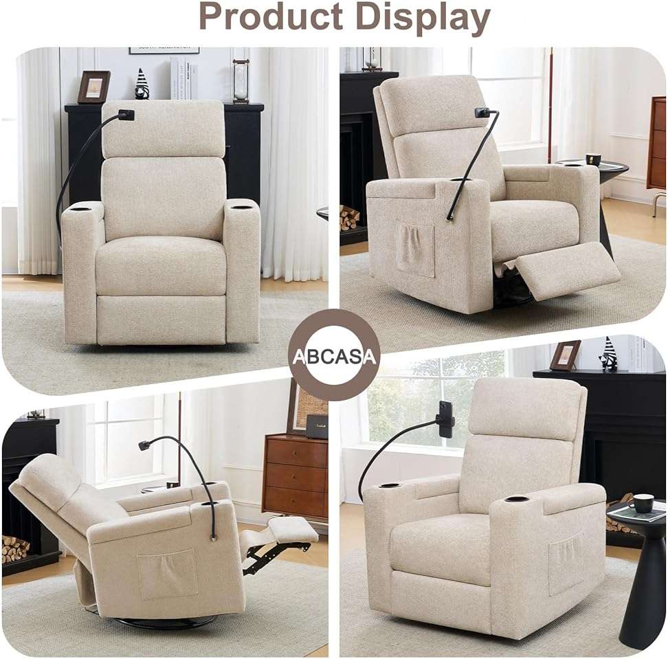 ABCASA Power Recliner Rocking Chair Nursery Glider, Swivel Reclining Nursery Rockers for Baby Room & Living Room, Chenille Chair with Phone Holder, USB/Type-C Ports, Arm Storage, Light Brown - Image 9