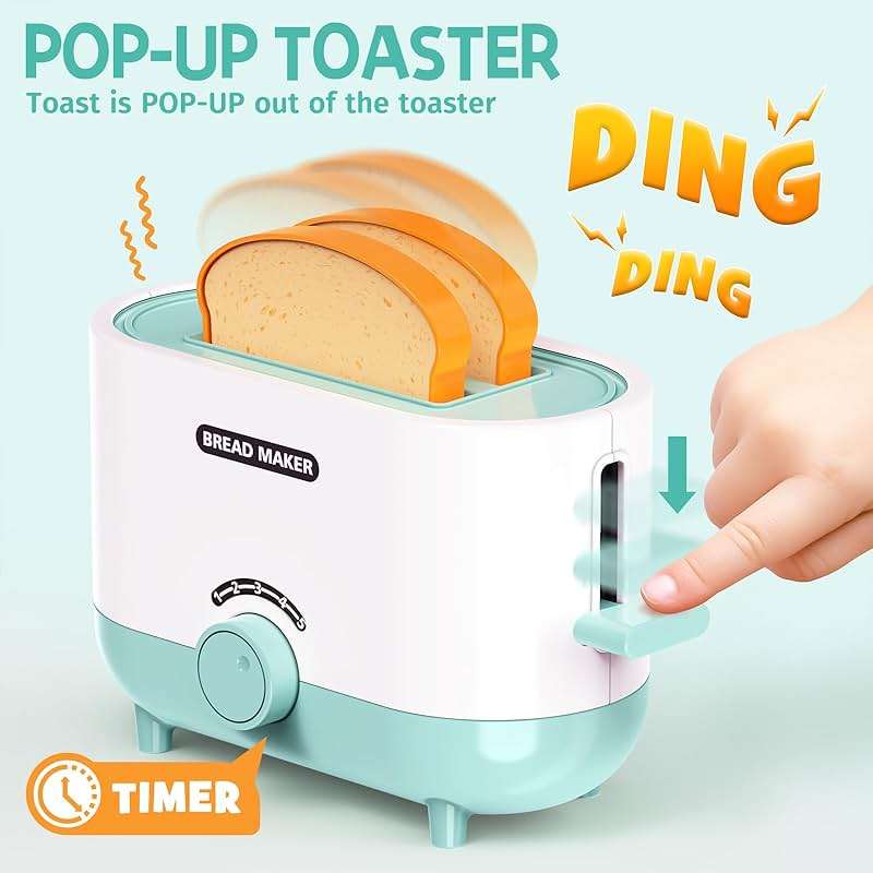 BRIGPICIOUS Kids Play Kitchen Accessories Toys Set, Pretend Play Kitchen Appliances Kit - Blender, Coffee Maker, Mixer, Toasters with Light & Sound, Playhouse Role Play Toy Gift for Girl Ages 3 4 5 6 - Image 3