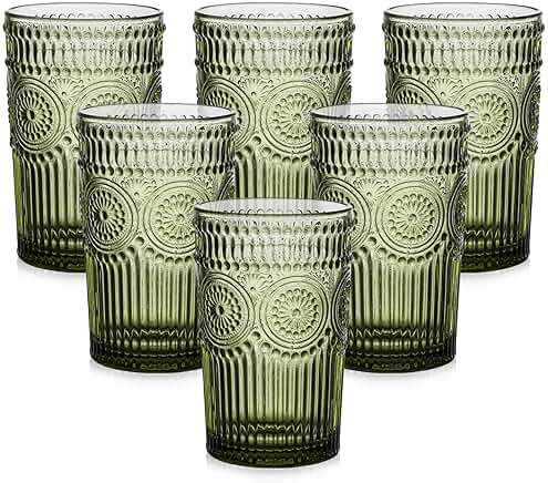 ZMOWIPDL Vintage Glassware Drinking Glasses Set of 6,13 oz Green Textured Flower Design Glass Water Tumblers，Embossed Striped Drinkware for Water,Cocktails,Juice,Iced Coffee - Image 1