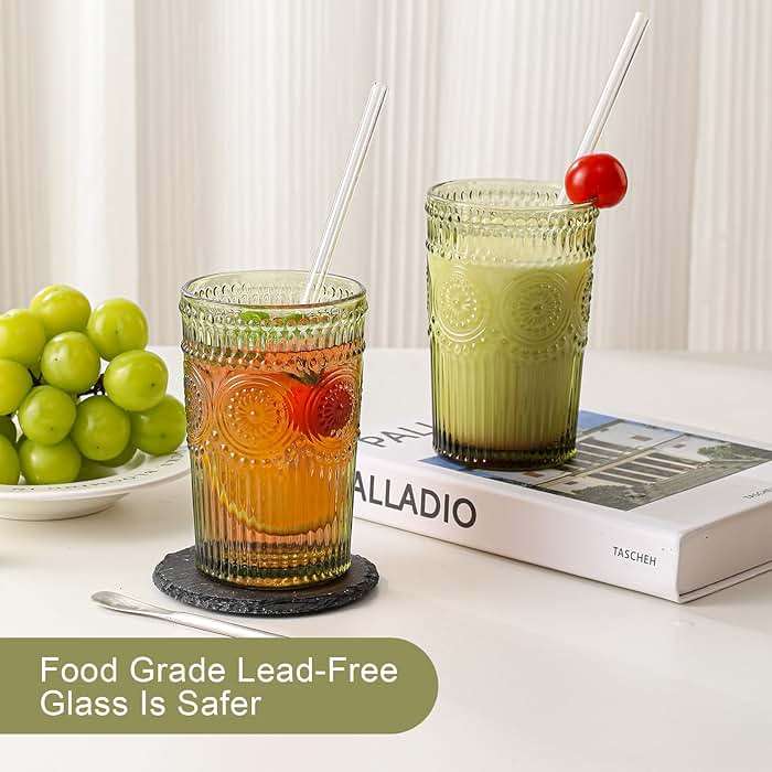 ZMOWIPDL Vintage Glassware Drinking Glasses Set of 6,13 oz Green Textured Flower Design Glass Water Tumblers，Embossed Striped Drinkware for Water,Cocktails,Juice,Iced Coffee - Image 2