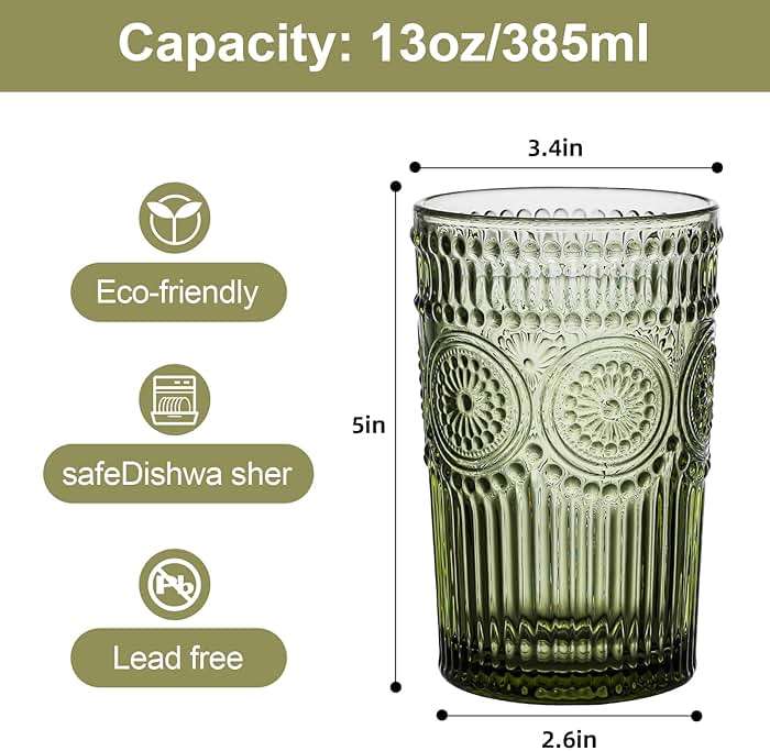 ZMOWIPDL Vintage Glassware Drinking Glasses Set of 6,13 oz Green Textured Flower Design Glass Water Tumblers，Embossed Striped Drinkware for Water,Cocktails,Juice,Iced Coffee - Image 3