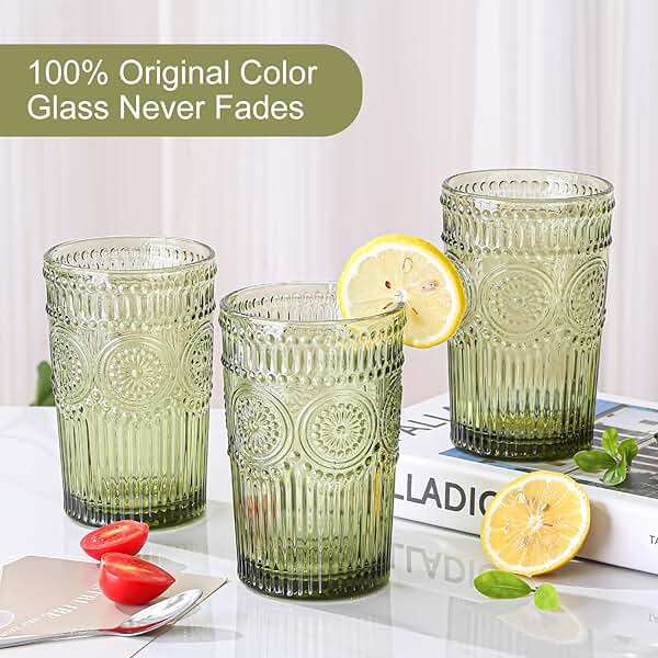 ZMOWIPDL Vintage Glassware Drinking Glasses Set of 6,13 oz Green Textured Flower Design Glass Water Tumblers，Embossed Striped Drinkware for Water,Cocktails,Juice,Iced Coffee - Image 4