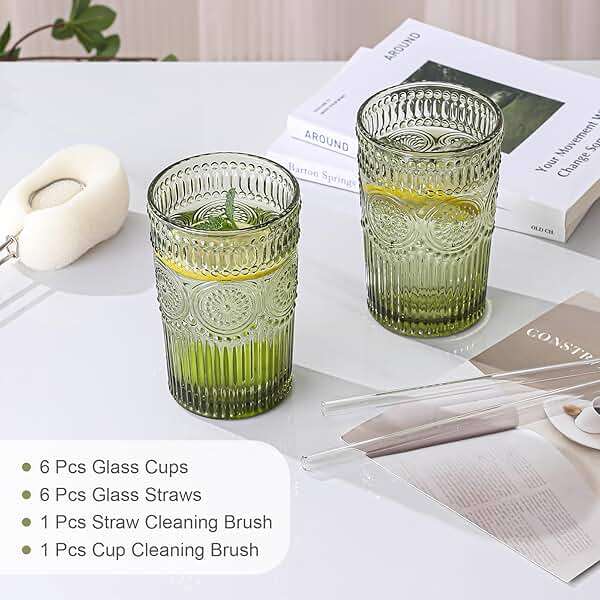 ZMOWIPDL Vintage Glassware Drinking Glasses Set of 6,13 oz Green Textured Flower Design Glass Water Tumblers，Embossed Striped Drinkware for Water,Cocktails,Juice,Iced Coffee - Image 5
