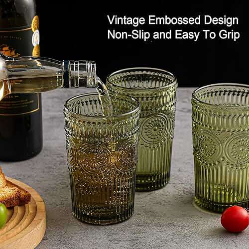 ZMOWIPDL Vintage Glassware Drinking Glasses Set of 6,13 oz Green Textured Flower Design Glass Water Tumblers，Embossed Striped Drinkware for Water,Cocktails,Juice,Iced Coffee - Image 7