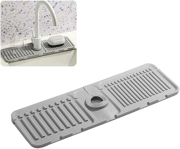 Swicado Faucet Mat for Kitchen Sink - 2024 Upgraded Premium Silicone Splash Guard with Fast Drying Properties - Protective Sink Tray Ideal for Stone Sinks in Kitchen & Bathroom (1, Gray) - Image 1