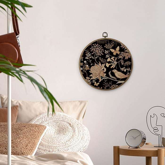 MAQIKA Vintage Floral Brid Framed Wall Art Decor, Butterfly Wall Art, Retro Botanical Round Wall Hanging Decor, Mid Century Modern Canvas Prints Wall Art for Farmhouse Bedroom Living Room,10x10 Inch - Image 2