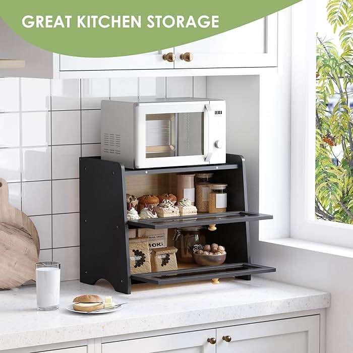JANSNIMEN Double Layer Bread Box for Kitchen Countertop, Large Breadbox Bread Container Storage with Acrylic Door, Wooden Farmhouse Bread Holder (Black, Medim-15.7" L x 9.5" W x 13" H) - Image 2