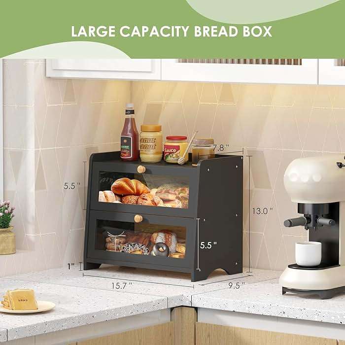 JANSNIMEN Double Layer Bread Box for Kitchen Countertop, Large Breadbox Bread Container Storage with Acrylic Door, Wooden Farmhouse Bread Holder (Black, Medim-15.7" L x 9.5" W x 13" H) - Image 3