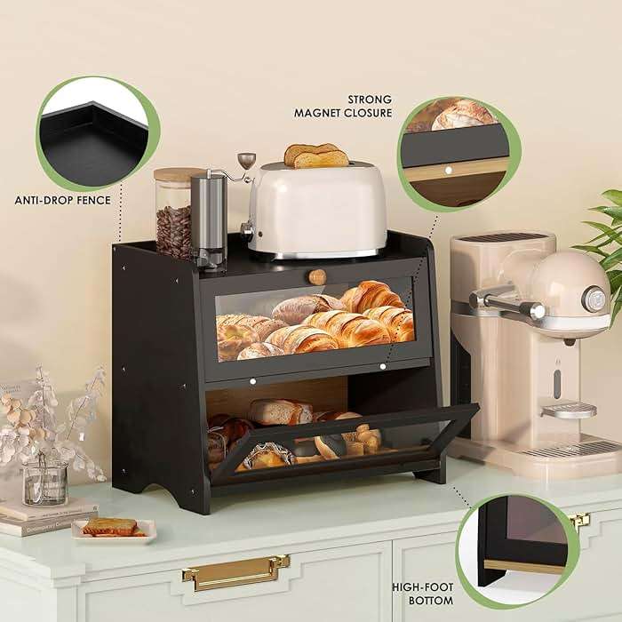 JANSNIMEN Double Layer Bread Box for Kitchen Countertop, Large Breadbox Bread Container Storage with Acrylic Door, Wooden Farmhouse Bread Holder (Black, Medim-15.7" L x 9.5" W x 13" H) - Image 5