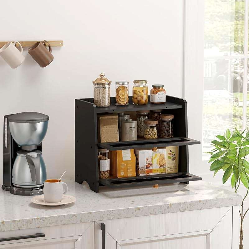 JANSNIMEN Double Layer Bread Box for Kitchen Countertop, Large Breadbox Bread Container Storage with Acrylic Door, Wooden Farmhouse Bread Holder (Black, Medim-15.7" L x 9.5" W x 13" H) - Image 6