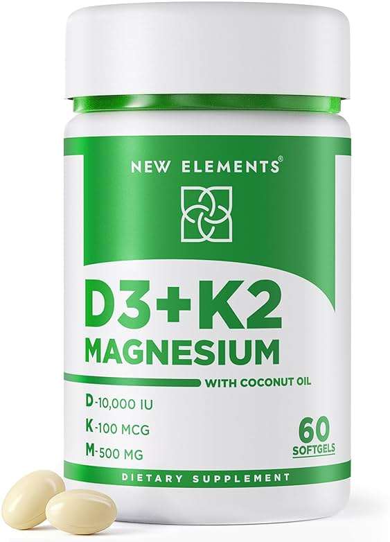 New Elements Vitamin D3 K2 10,000 IU with Magnesium Glycinate 500mg - Bone Health, Immune Support, Energy & Mood - Non-GMO, Gluten-Free, Sugar-Free Softgels for Women & Men (60 softgels) - Image 1