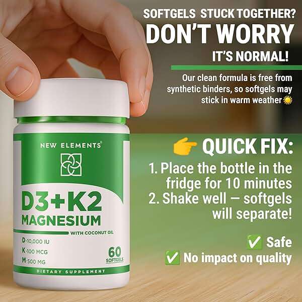 New Elements Vitamin D3 K2 10,000 IU with Magnesium Glycinate 500mg - Bone Health, Immune Support, Energy & Mood - Non-GMO, Gluten-Free, Sugar-Free Softgels for Women & Men (60 softgels) - Image 2