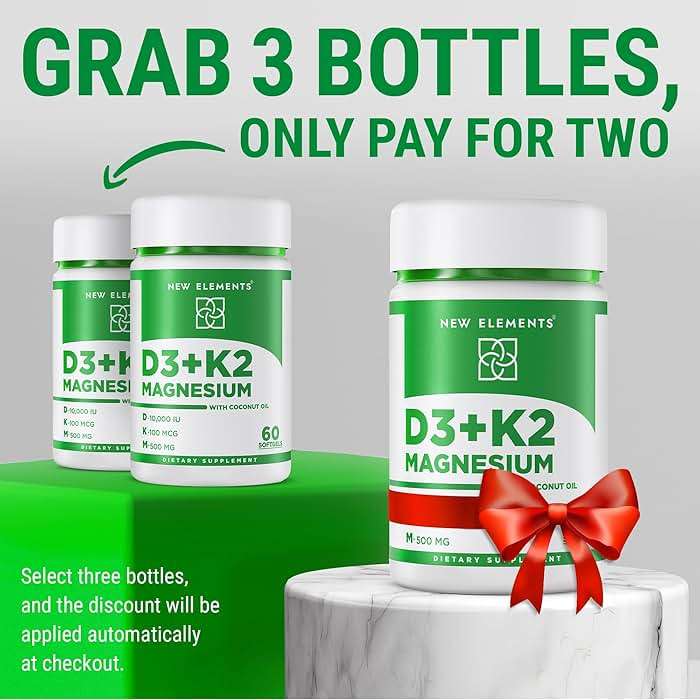 New Elements Vitamin D3 K2 10,000 IU with Magnesium Glycinate 500mg - Bone Health, Immune Support, Energy & Mood - Non-GMO, Gluten-Free, Sugar-Free Softgels for Women & Men (60 softgels) - Image 4