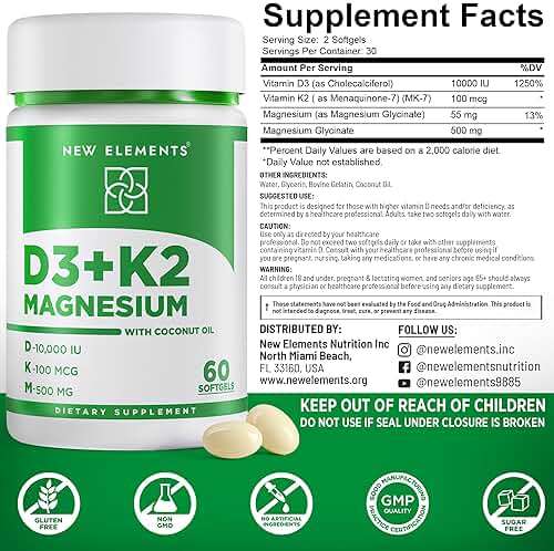 New Elements Vitamin D3 K2 10,000 IU with Magnesium Glycinate 500mg - Bone Health, Immune Support, Energy & Mood - Non-GMO, Gluten-Free, Sugar-Free Softgels for Women & Men (60 softgels) - Image 5