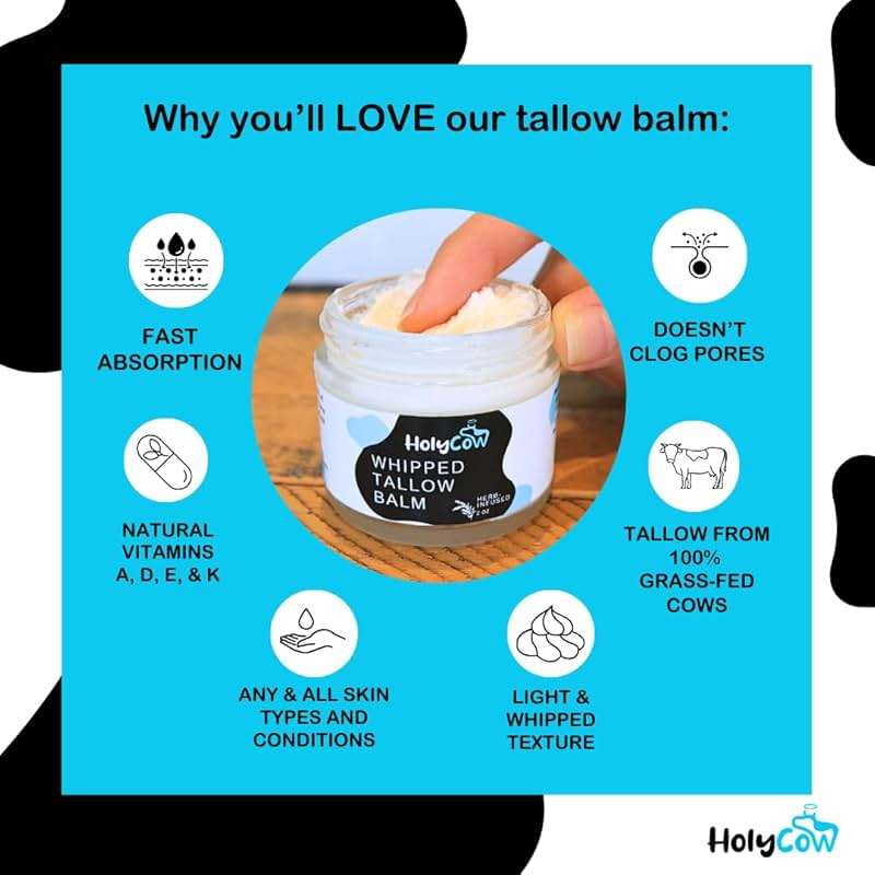 HolyCow 100% Grass Fed Beef Tallow For Skin - Whipped Tallow Balm with Organic Jojoba Oil (Unscented/Herb-Infused), Grass Fed Beef Tallow Face Moisturizer for Eczema, Baby, Lip Balm - Image 3