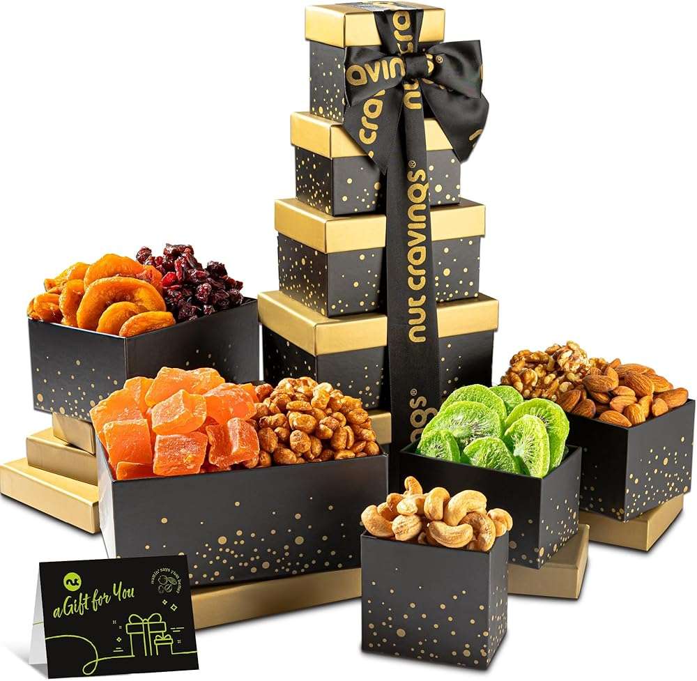 NUT CRAVINGS - Fathers Day Treats, Gift For Dad, Dried Fruit & Mixed Nuts Gift Basket, Black Tower + Ribbon (8 Assortments) Food Arrangement, Healthy Snack Care Package, Kosher - Image 1
