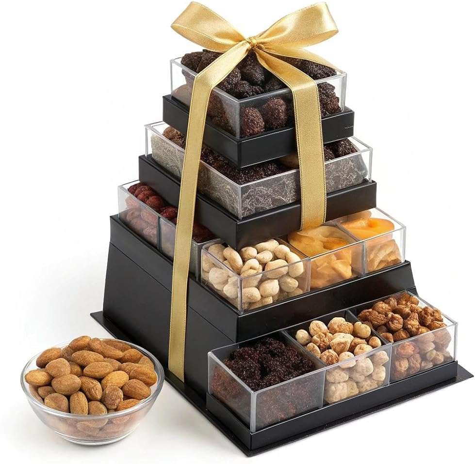 NUT CRAVINGS - Fathers Day Treats, Gift For Dad, Dried Fruit & Mixed Nuts Gift Basket, Black Tower + Ribbon (8 Assortments) Food Arrangement, Healthy Snack Care Package, Kosher - Image 4