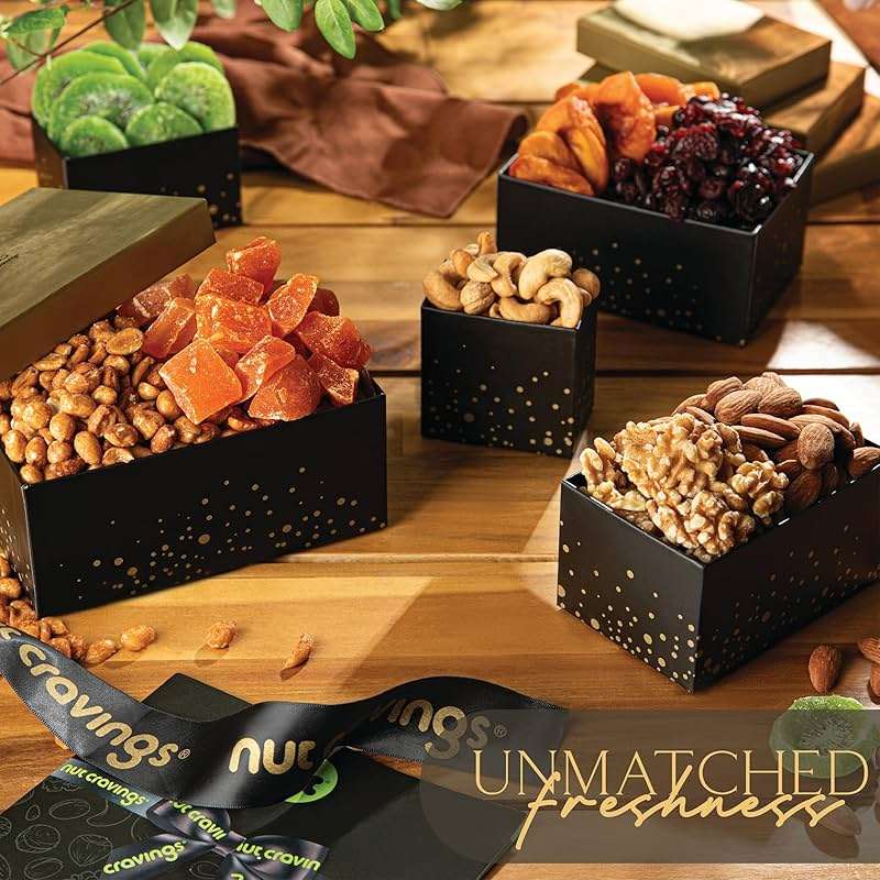 NUT CRAVINGS - Fathers Day Treats, Gift For Dad, Dried Fruit & Mixed Nuts Gift Basket, Black Tower + Ribbon (8 Assortments) Food Arrangement, Healthy Snack Care Package, Kosher - Image 5