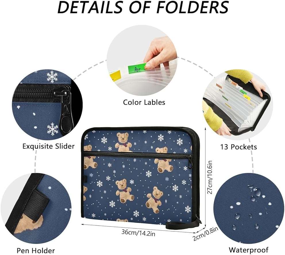 Toy Bears Theme Expanding File Folder with Sticky Labels, 13 Pockets Accordion File Folder Document Organizer with Zipper Closure - Image 3
