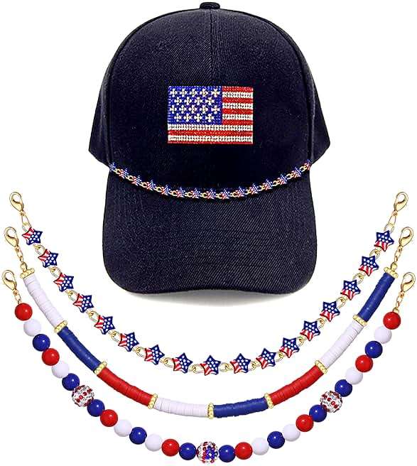 BSJELL Trucker Hat Chain 4th of July Beaded Chain American Flag Patriotic Stars Hat Bill Chain Fourth of July Hat Accessories for Baseball Cap Independence Day Party Supplies, Red White Blue - Image 1