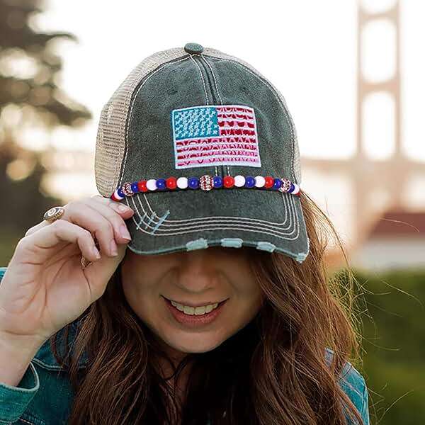BSJELL Trucker Hat Chain 4th of July Beaded Chain American Flag Patriotic Stars Hat Bill Chain Fourth of July Hat Accessories for Baseball Cap Independence Day Party Supplies, Red White Blue - Image 2