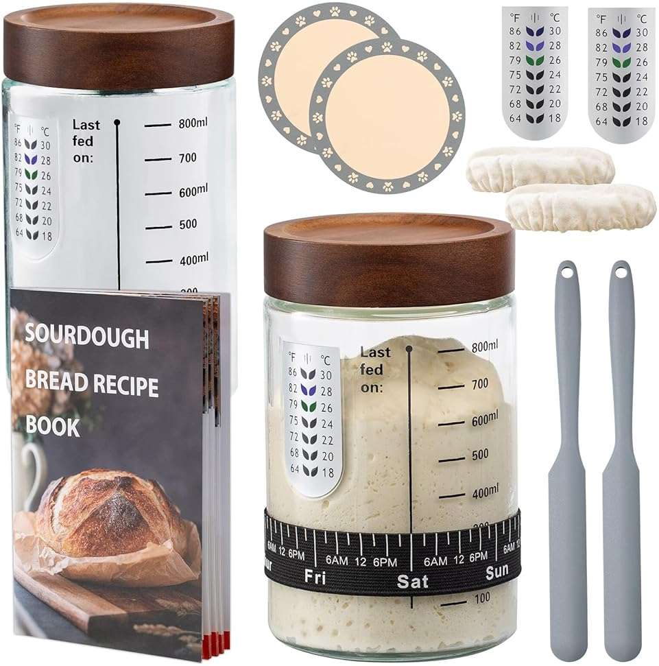 Sourdough Starter Kit,34oz Sourdough Starter Jar Glass with Sourdough Recipes Cookbook.Sourdough Bread Baking Supplies with Thermometer,Natural Wooden Lid, Anti-slip Mat,Sourdough Jar scraper (2 pack) - Image 1