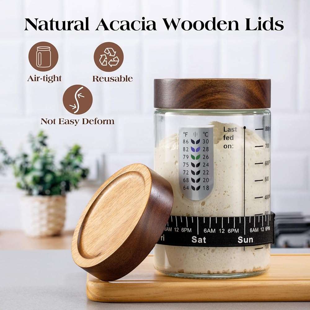 Sourdough Starter Kit,34oz Sourdough Starter Jar Glass with Sourdough Recipes Cookbook.Sourdough Bread Baking Supplies with Thermometer,Natural Wooden Lid, Anti-slip Mat,Sourdough Jar scraper (2 pack) - Image 5