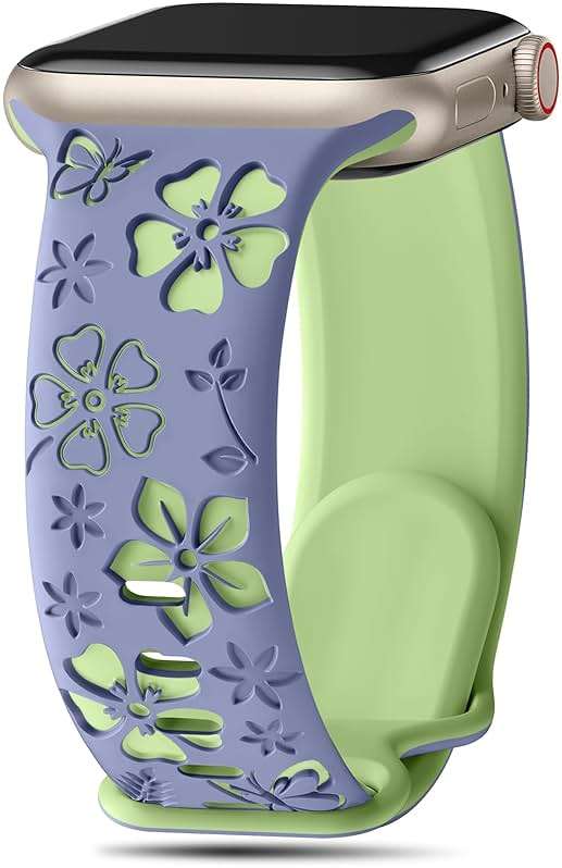Floral Engraved Band Compatible with Apple Watch Band Women 40mm 38mm 41mm 42mm 44mm 45mm 46mm 49mm, Soft Silicone Two-Tone Flower Sport Strap for iWatch Series 10 9 8 7 6 5 4 3 2 1 SE Ultra - Image 1
