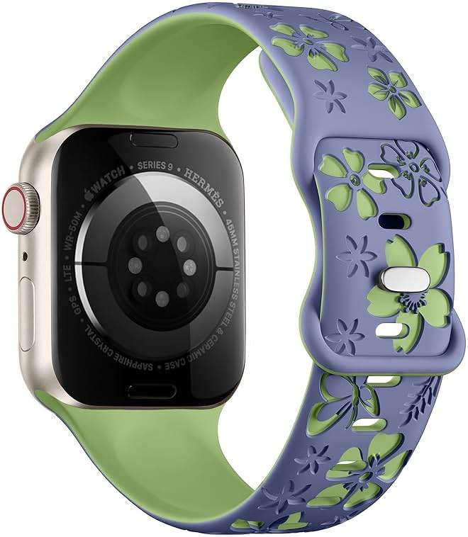 Floral Engraved Band Compatible with Apple Watch Band Women 40mm 38mm 41mm 42mm 44mm 45mm 46mm 49mm, Soft Silicone Two-Tone Flower Sport Strap for iWatch Series 10 9 8 7 6 5 4 3 2 1 SE Ultra - Image 2