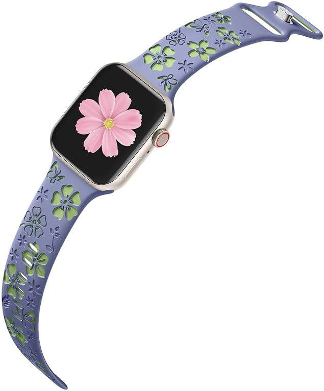 Floral Engraved Band Compatible with Apple Watch Band Women 40mm 38mm 41mm 42mm 44mm 45mm 46mm 49mm, Soft Silicone Two-Tone Flower Sport Strap for iWatch Series 10 9 8 7 6 5 4 3 2 1 SE Ultra - Image 3