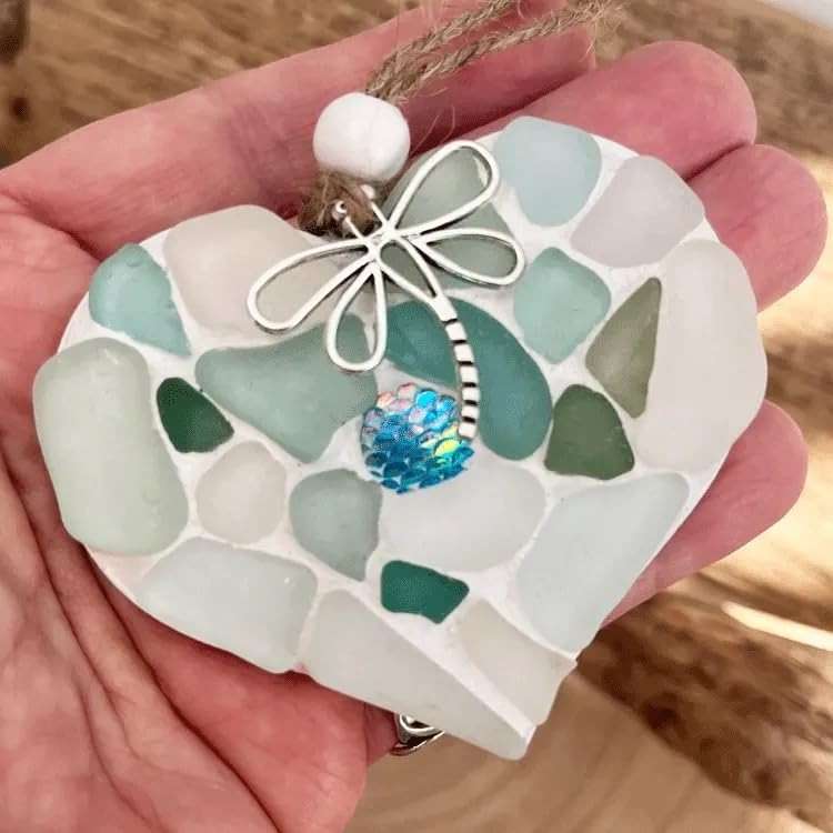 Sea Glass Mosaic Heart Ornaments - Small Hanging Hearts with Mermaid Scale & Silver Dragonfly Charm - Wall Art - Image 2