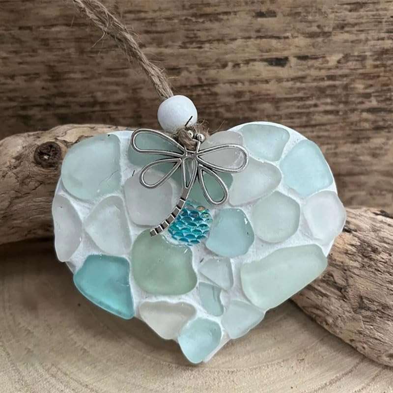Sea Glass Mosaic Heart Ornaments - Small Hanging Hearts with Mermaid Scale & Silver Dragonfly Charm - Wall Art - Image 3