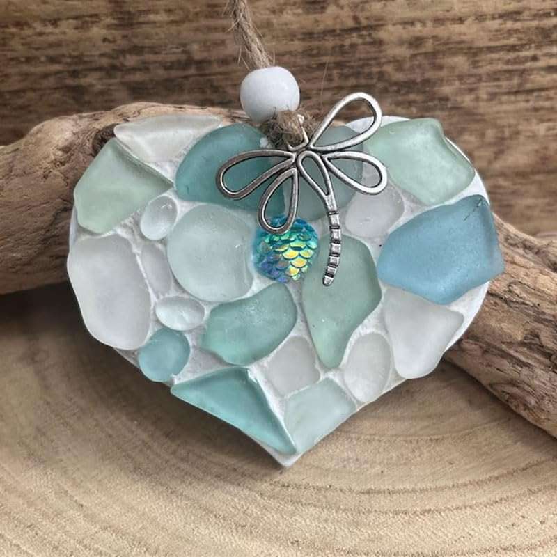 Sea Glass Mosaic Heart Ornaments - Small Hanging Hearts with Mermaid Scale & Silver Dragonfly Charm - Wall Art - Image 4