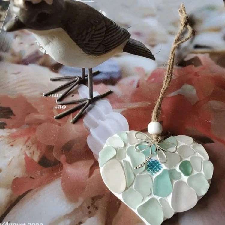 Sea Glass Mosaic Heart Ornaments - Small Hanging Hearts with Mermaid Scale & Silver Dragonfly Charm - Wall Art - Image 5