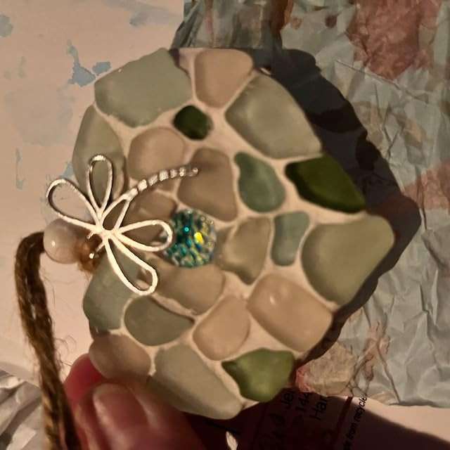 Sea Glass Mosaic Heart Ornaments - Small Hanging Hearts with Mermaid Scale & Silver Dragonfly Charm - Wall Art - Image 6