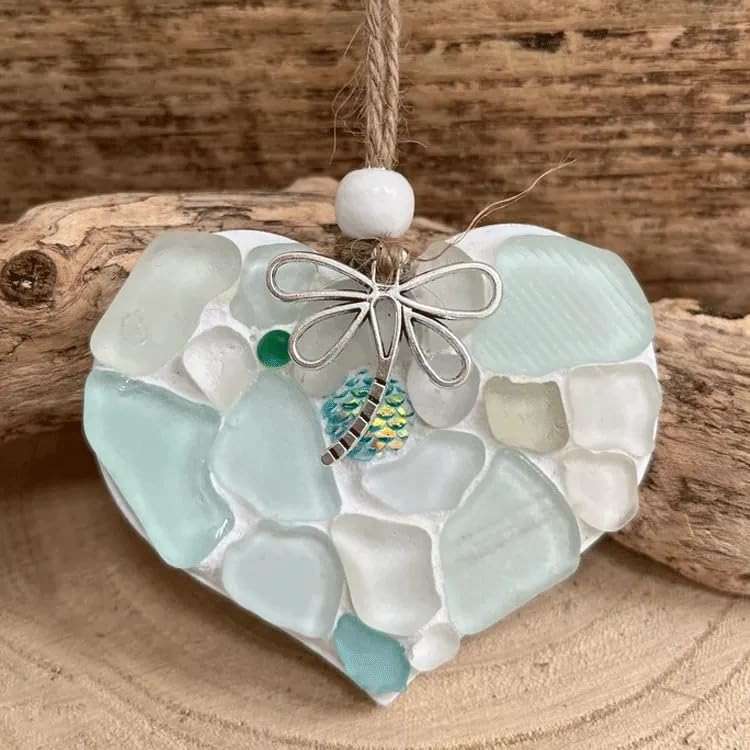 Sea Glass Mosaic Heart Ornaments - Small Hanging Hearts with Mermaid Scale & Silver Dragonfly Charm - Wall Art - Image 7