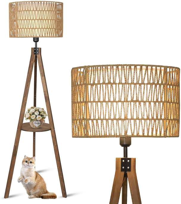 LAMSU Boho Tripod Floor Lamps for Living Room, Rattan Wood Floor Lamp with Fabric Shades, Mid Century Standing Lamp with Shelf, Foot Switch, Modern Farmhouse Tall Lamps for Bedroom Office Brown - Image 1