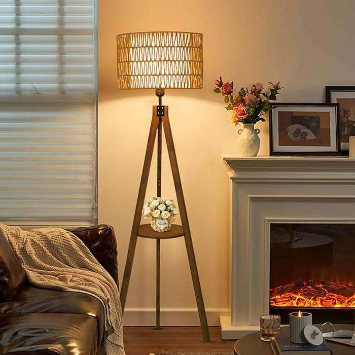 LAMSU Boho Tripod Floor Lamps for Living Room, Rattan Wood Floor Lamp with Fabric Shades, Mid Century Standing Lamp with Shelf, Foot Switch, Modern Farmhouse Tall Lamps for Bedroom Office Brown - Image 2