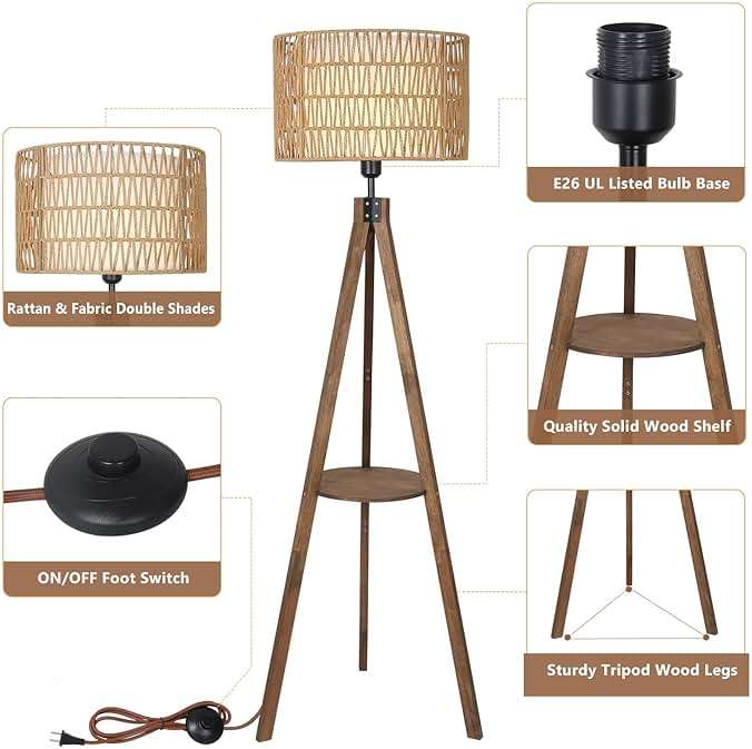LAMSU Boho Tripod Floor Lamps for Living Room, Rattan Wood Floor Lamp with Fabric Shades, Mid Century Standing Lamp with Shelf, Foot Switch, Modern Farmhouse Tall Lamps for Bedroom Office Brown - Image 3