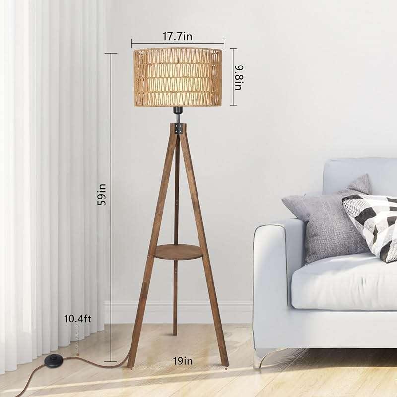LAMSU Boho Tripod Floor Lamps for Living Room, Rattan Wood Floor Lamp with Fabric Shades, Mid Century Standing Lamp with Shelf, Foot Switch, Modern Farmhouse Tall Lamps for Bedroom Office Brown - Image 4