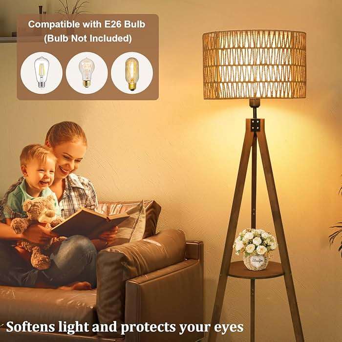 LAMSU Boho Tripod Floor Lamps for Living Room, Rattan Wood Floor Lamp with Fabric Shades, Mid Century Standing Lamp with Shelf, Foot Switch, Modern Farmhouse Tall Lamps for Bedroom Office Brown - Image 5