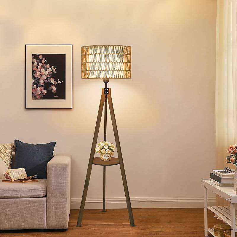 LAMSU Boho Tripod Floor Lamps for Living Room, Rattan Wood Floor Lamp with Fabric Shades, Mid Century Standing Lamp with Shelf, Foot Switch, Modern Farmhouse Tall Lamps for Bedroom Office Brown - Image 6