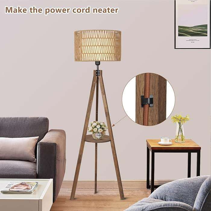 LAMSU Boho Tripod Floor Lamps for Living Room, Rattan Wood Floor Lamp with Fabric Shades, Mid Century Standing Lamp with Shelf, Foot Switch, Modern Farmhouse Tall Lamps for Bedroom Office Brown - Image 8
