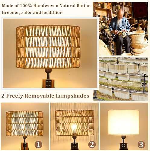 LAMSU Boho Tripod Floor Lamps for Living Room, Rattan Wood Floor Lamp with Fabric Shades, Mid Century Standing Lamp with Shelf, Foot Switch, Modern Farmhouse Tall Lamps for Bedroom Office Brown - Image 9