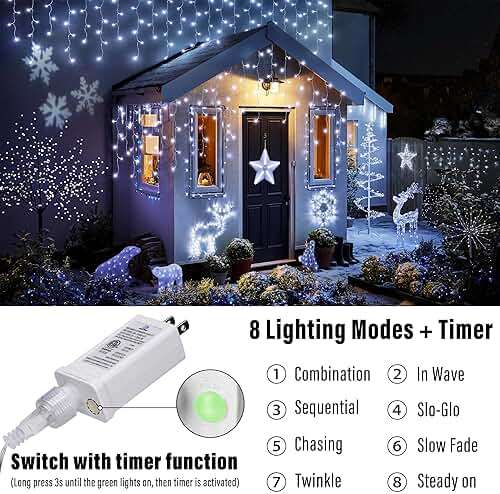 Lomotech Christmas Icicle Lights - 32Ft 8 Modes Waterproof Christmas Lights Connectable with Timer for Holiday, Wedding Party, Eaves, Christmas Decorations (White) - Image 2